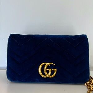 Blue Velvet Authentic Gucci Mini Marmont Crossbody bag